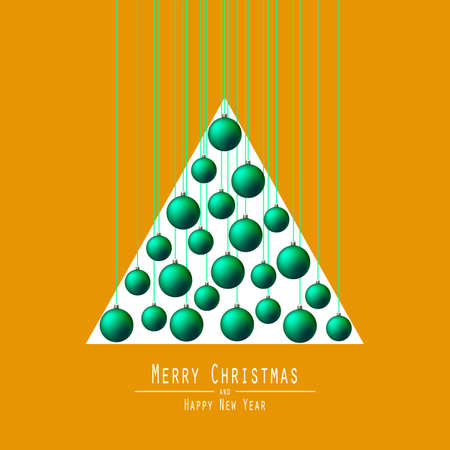 Christmas Tree. Handing Christmas Balls. Green Balls. Merry Christmas and Happy New Year. Vector Illustration. Bacgraund Orange. Triangle White.のイラスト素材