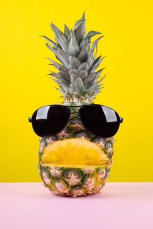 Pineapple with sunglasses and open mouth. Funny creative food concept.の写真素材