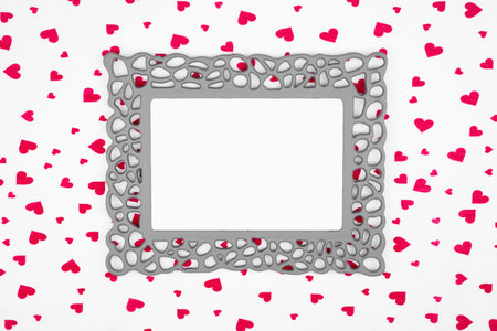 Retro frame on red hearts background with copy space. Minimal Valentines day concept.
