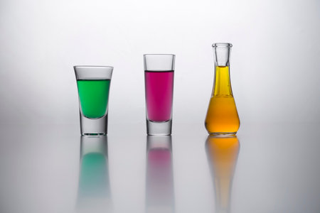 Colorful shot drinks set on table with reflectionの写真素材