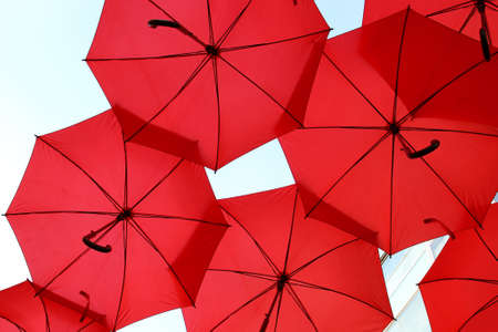 Colorful umbrellas urban street decoration. Hanging colorful umbrellas over blue sky, tourist attraction, sunny dayの写真素材