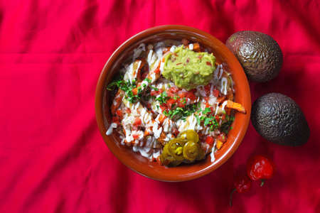 Traditional mexican guacamole with ingredients on red background