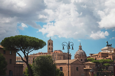 View of the Roman Forum and St. Peter's Basilica in Rome, Italyの写真素材