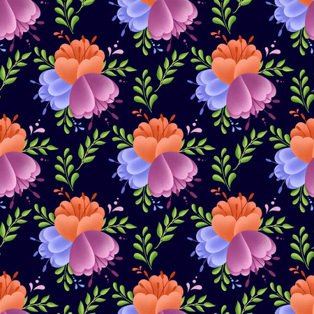 Seamless pattern with orange, red and purple flowers on dark background. Brunches with leaves. Scrapbooking. Summer wallpaper.の写真素材