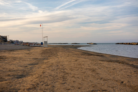 Empty sea beach. Vacation concept. Rescue tower.の写真素材