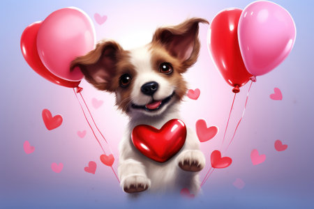 Cartoon dog with pink and red balloons on the light purple background. Greeting cardsの素材
