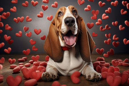 A cute Basset hound is lying on the wooden floor while red hearts fly around it.の素材