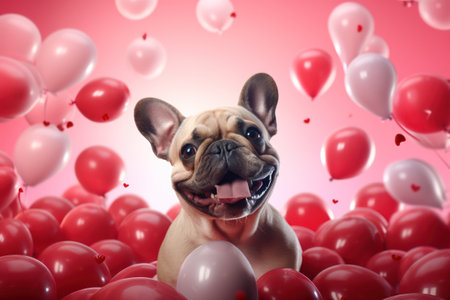 Close up cute French Bulldog on the pink background, surrounded by flying pink balloons.の素材