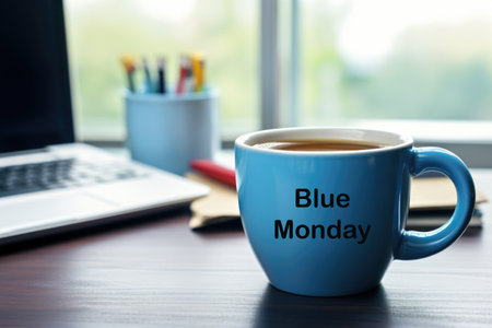 Office desk with a coffee cup inscribed Blue Mondayの素材