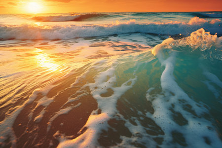 Warm glow of the setting sun reflecting off the gentle waves creating a serene and tranquil atmosphereの素材