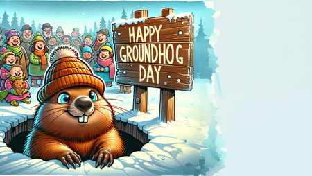 A festive and vibrant, funny illustration of a groundhog wearing a winter hat, emerging from its burrow to greet a cheerful crowd on Groundhog Day.Greeting card with empty space for text.の素材