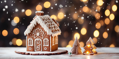 Gingerbread house adorned with icing and festive decorations and christmas trees on bokeh background. Greeting cards,advertising and decorative element.の素材
