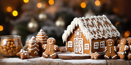 Gingerbread house adorned with icing and festive decorations accompanied by gingerbread figures and christmas trees on bokeh background. Greeting cards,advertising and decorative element.の素材