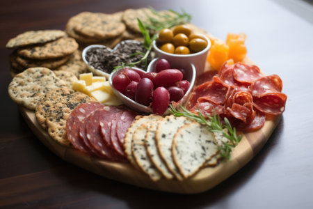 Antipasto platter featuring salami, artisan cheeses, crisp crackers,fresh olives and grapes, artfully arranged on wooden serving board. For social gatherings, appetizer settings, or a luxurious snackの素材