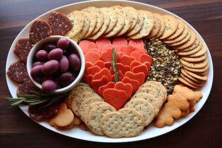 Antipasto platter featuring crisp crackers,grapes and heart shaped carrot, artfully arranged on white plate. For social gatherings, appetizer settings,or a luxurious snackの素材
