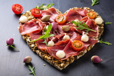 Heart-shaped whole grain crispbread topped with prosciutto, cherry tomatoes, arugula, mozzarella balls, and olives, perfect for a romantic appetizer or a special occasion snack.Valentines Dayの素材