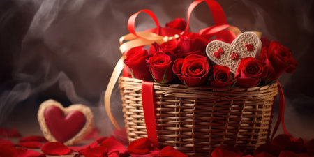 Vibrant red roses arranged in charming wicker basket, tied with satin ribbon, perfect for romantic occasions and for Valentines Day.For Valentines Day, Mothers or Womens Day,anniversaries, or weddingsの素材