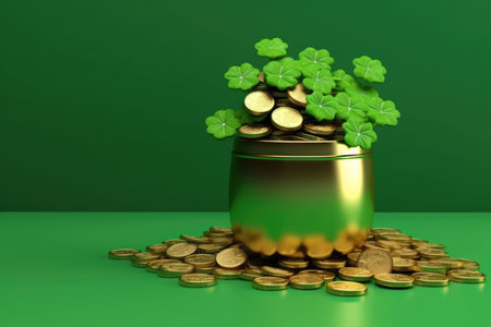 Pot of gold with clovers on green backgraound and copy space. Symbolizing luck and wealth, perfect for St. Patricks Day themes and financial concepts. Greeting card.Wealth management service ads.の素材