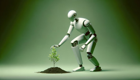 Humanoid robot planting tree, symbol of the synergy between technology and environmental care.Technology in nature.Tech and Science Education.Tech-driven environmental advocacy. Robotics in farming.の素材