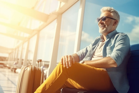 Relaxed mature man is seen sitting at an airport, basking in the sunlight with sunglasses on, next to his luggage.Concept travel and adventure.Travel agency advertisements. Airport waiting area.の素材