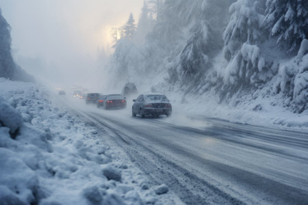 Traffic jam on mountain road caused by heavy snowfall. Snowstorm on the roads.Natural disasters and snowfalls.の素材