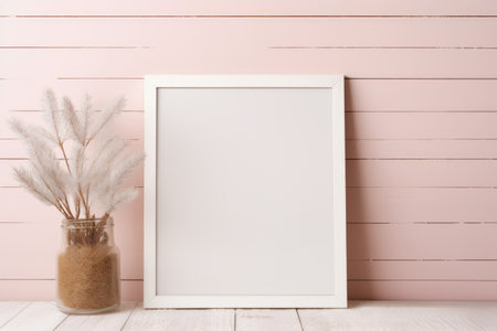 Simple white poster frame mock up leaning against a soft pink wall with a vase of pampas grass, ideal for modern home interiors.の素材