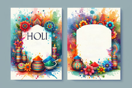 Artistic Holi festival cards featuring vibrant colors, traditional pots with powder, and floral decorations.Greeting card for Holi festivalの素材