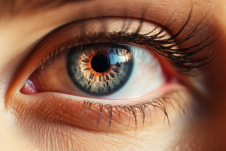 Extreme close-up human blue eye. Details of a blue human iris, eyelashes, and the textures of the eye. Educational content about physiology of the human eye.Eyes problems and diseases.の素材