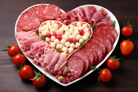 Heart shaped platter filled with a variety of cured meats, cheese balls, and cherry tomatoes, perfect for romantic occasions or gourmet snacking.の素材