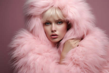 A young woman enveloped in luxurious pink faux fur, her striking blue eyes and blonde hair exuding high fashion and glamor.の素材