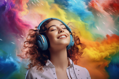 A young woman enjoys music on headphones on vibrant explosion of colors background.Concept music therapy and its influence on mood.International Music Day.World Music Day. National Earmuff Day.の素材