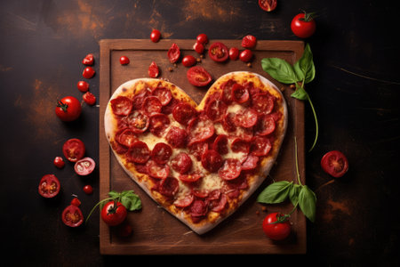 Heart shaped pizza with pepperoni, cheese, and basil on a wooden board, surrounded by tomatoes.For romantic occasions. For sophisticated setting.Valentine's Dayの素材