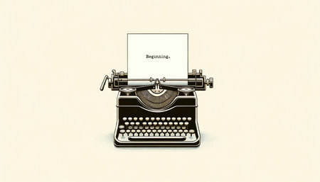 Classic typewriter with a sheet of paper inscribed with Beginning, symbolizing the start of a creative journey.World writers day.World poetry day.の素材