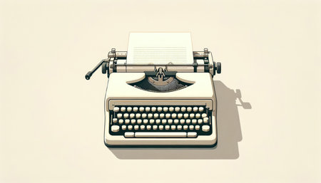 Classic typewriter with paper sheet isolated on a beige backdrop, symbolizing retro writing.の素材