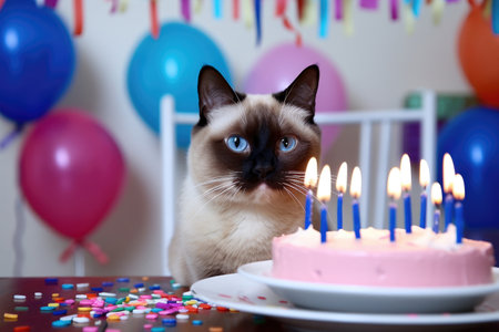 A Siamese cat gazes at a lit birthday cake in a room filled with colorful balloons and confetti.Birthday party. Domestic animal health care. National Pet Day.の素材