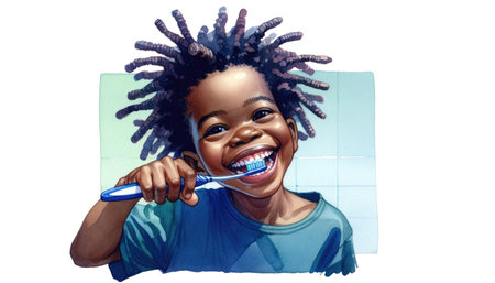Close up of cheerful African boy brushing teeth. International Dentist Day. National Brush Day.の素材