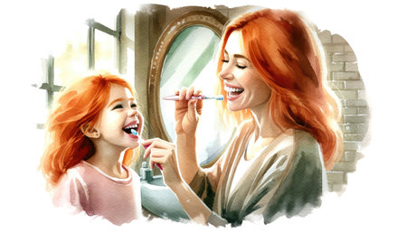 A heartwarming a joyful moment between a redhead mother and her daughter as they brush their teeth together. International Dentist Day. National Brush Day.の素材
