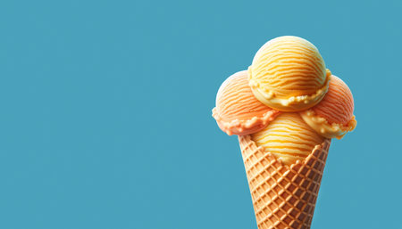 Four scoops of creamy tropical ice cream in a crispy waffle cone against a soft blue backdrop, perfect for a summer treat. World Ice Cream Dayの素材