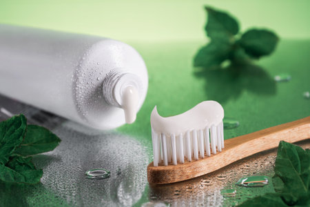 Closeup tube of toothpaste and bamboo toothbrush on wet reflective green surface with fresh mint...