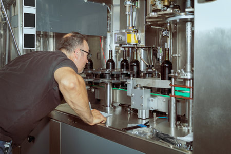 Technician inspecting wine bottling line at modern factory, ensuring quality and smooth operation of...