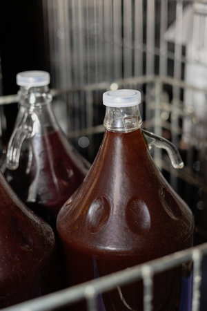 Homemade red wine in large glass demijohns with handles, sealed with plastic caps. The bottles are stored in a metal crate, showing a stage of fermentation or agingの写真素材