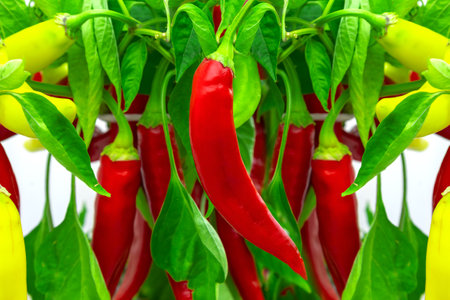 Ripe red chili peppers hanging from a lush plant, surrounded by vibrant green leaves, create a...