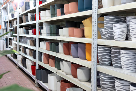 Colorful flower pots arranged neatly on shelves in a garden center, presenting a diverse selection for plant enthusiasts seeking vibrant options for their gardening projectsの写真素材