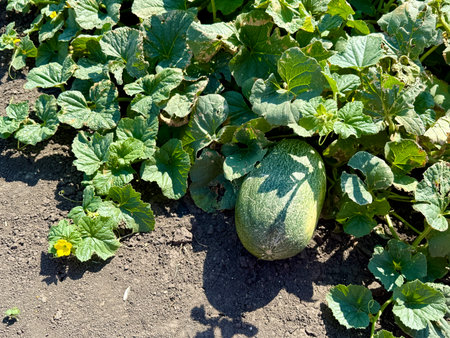 Large, oblong green melon rests on the ground amidst vibrant green leaves and a small yellow flower, showcasing the growth and cultivation of melons in a sunny agricultural fieldの写真素材