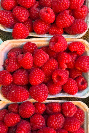 Cardboard punnets overflowing with ripe, vibrant red raspberries create a colorful and tempting...