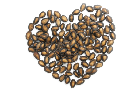 Heart shape made of watermelon seeds isolated over the white backgroundの写真素材