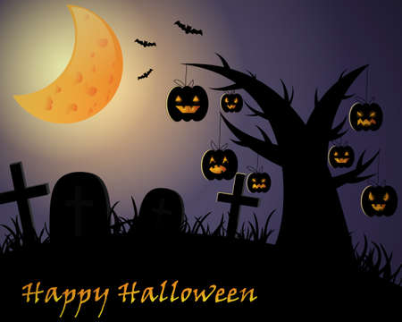 Halloween dark background with tree full of pumpkinsのイラスト素材