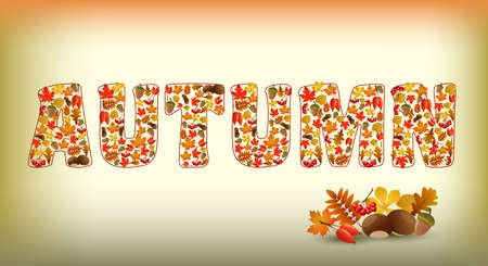 Autumnal background with "autumn" text and autumnal elementsのイラスト素材