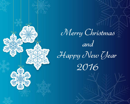Merry Christmas and happy New Year card with snowflakes on blue backgroundのイラスト素材