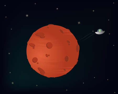 Illustration of planet mars with small alien driving spaceshipのイラスト素材